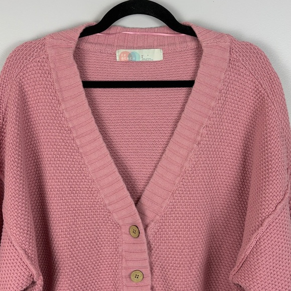 Free People Beach Cotton Knit Cardigan Sweater Pink Oversized Large Tiny Flaw - Picture 3 of 15